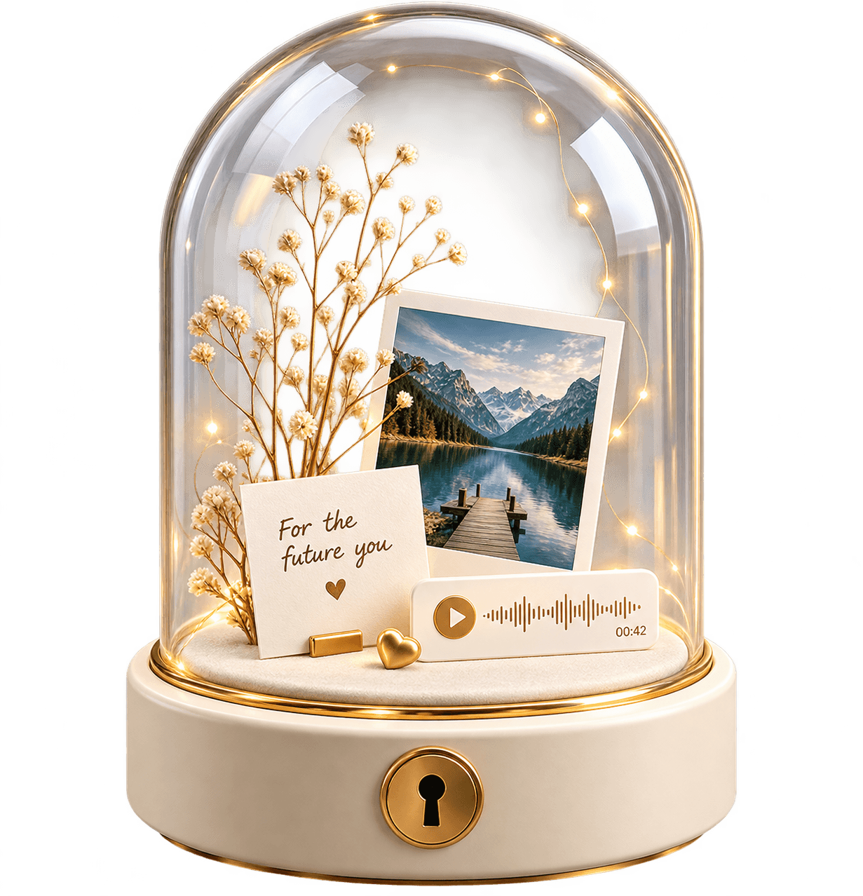 A ZIKORY capsule: a glass dome over a cream base, holding a photograph, a handwritten note and a voice recording.